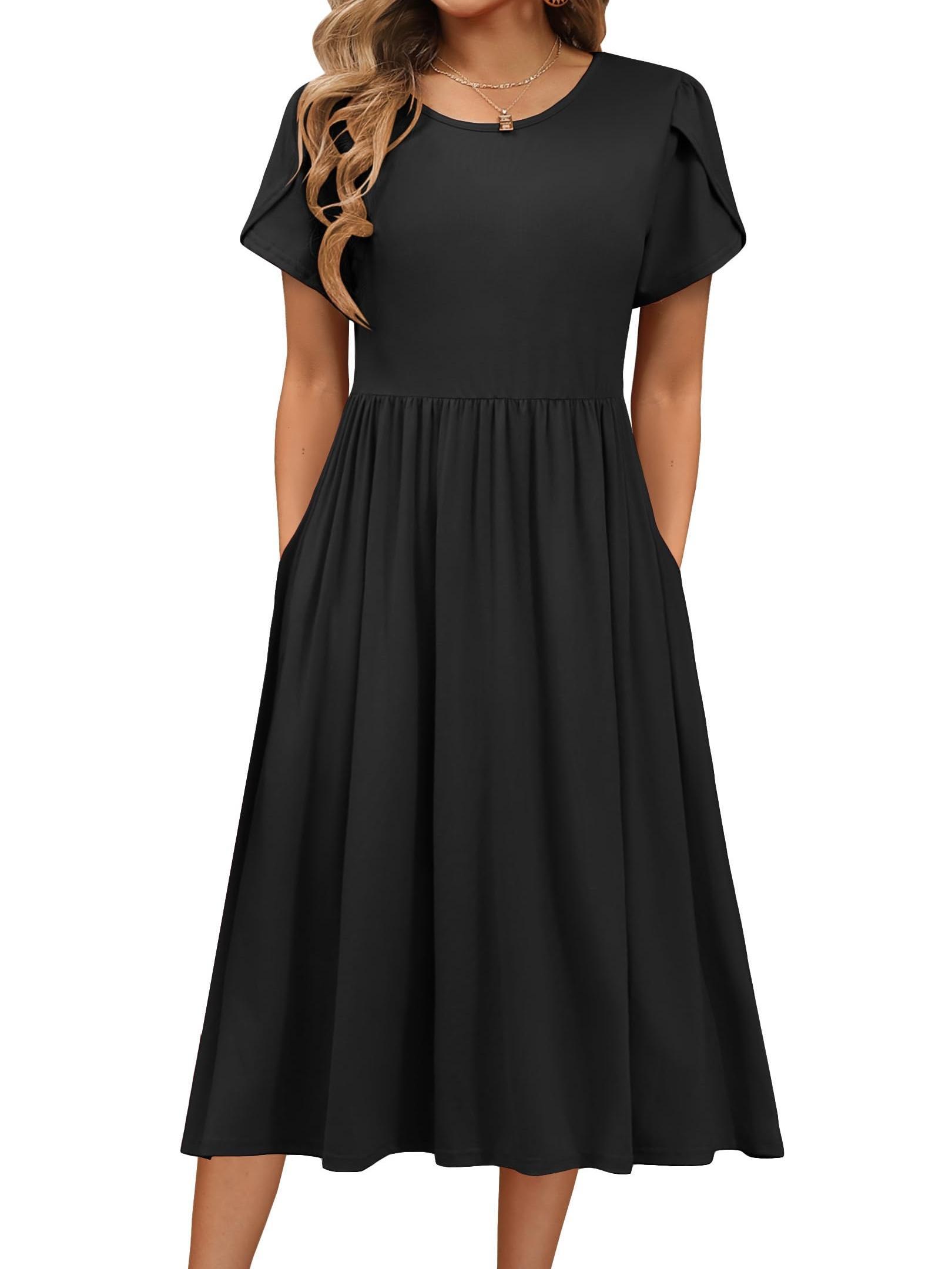 green emerald velvet dress Women's Summer Dresses Casual Flowy Beach Square Neck Puff Short Sleeve  Smocked Back Midi Dress with Pockets main image 0