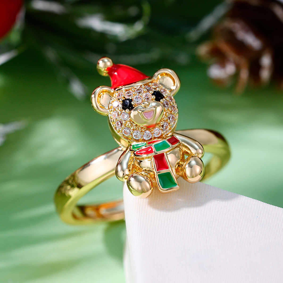 Women's Christmas Teddy Bear Open Ring, Holiday Gift