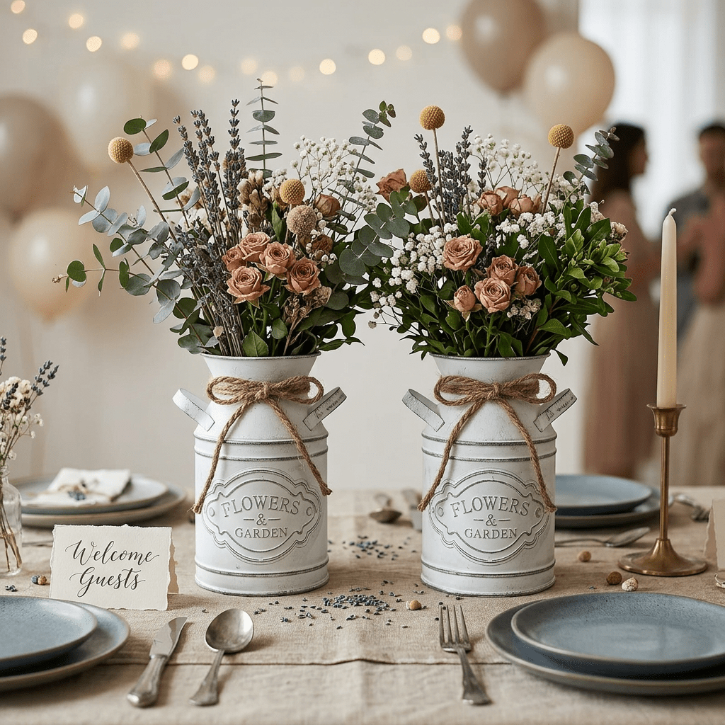 TEMU 2pcs Rustic Metal Milk Jug Vase With Twine, Farmhouse Wedding Party Table Centerpiece, Dried Flowers Birthday Decor Small Wedding Centerpiece,