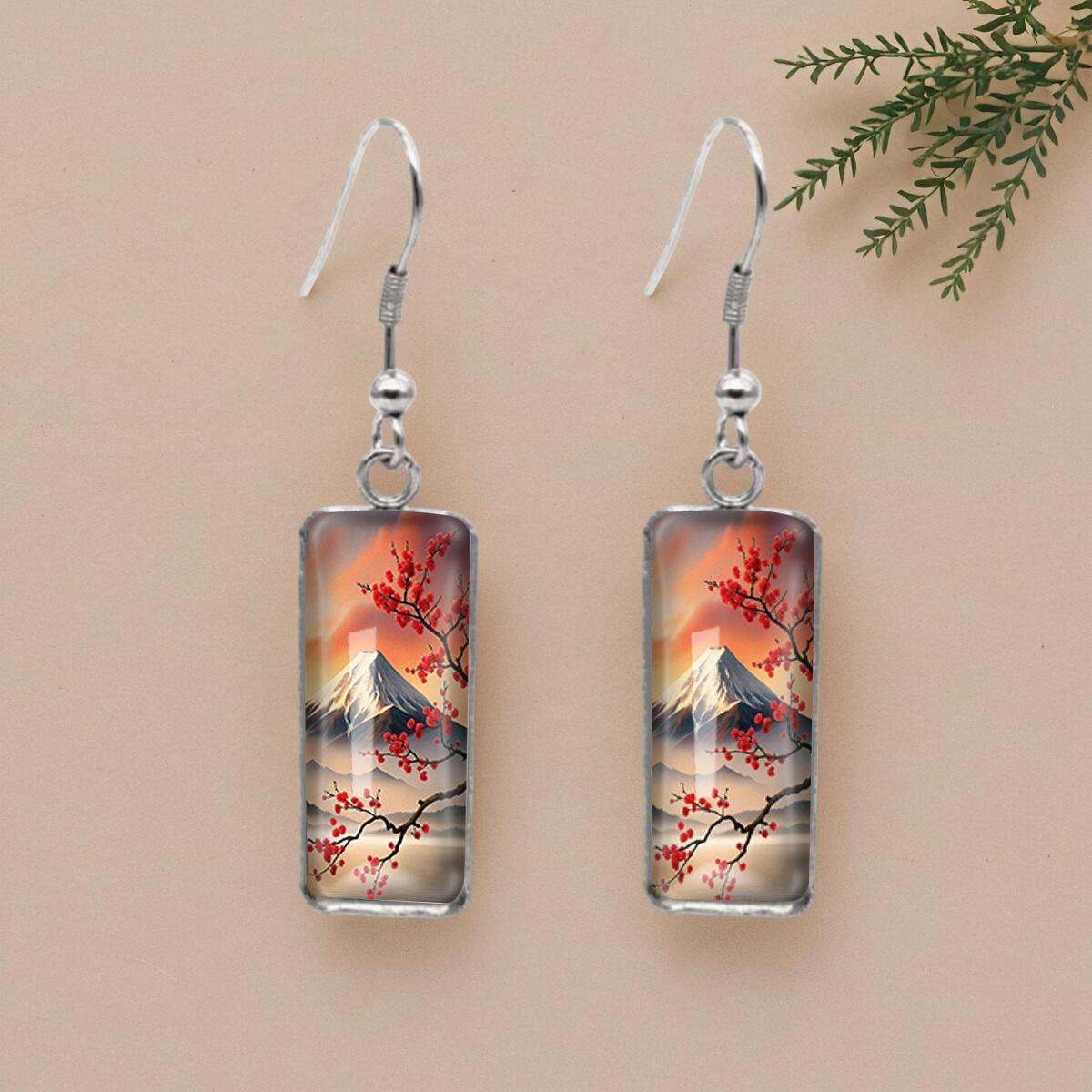 TEMU Boucles d'oreilles rectangulaires tendance avec des images Fuji et de fleurs de prunier rouge, parfaites cadeau, pile