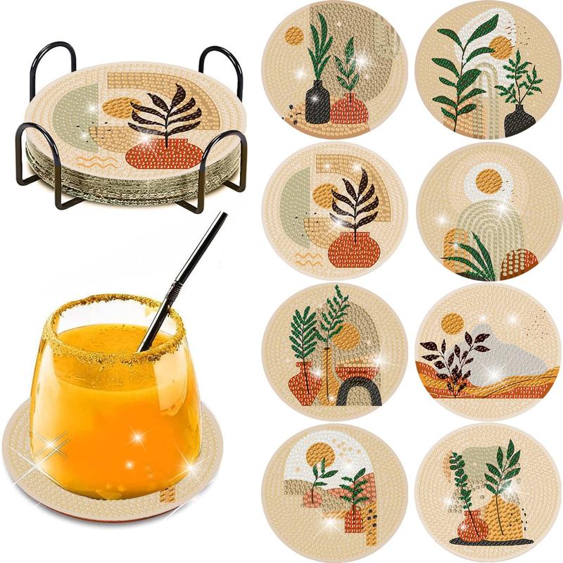 TEMU Boho Botanical Coasters With Holder, 8-pack 5d Diamond Painting Kit, Mid-century Modern Abstract Plant Cup Mats Craft Supplies For Coffee Table