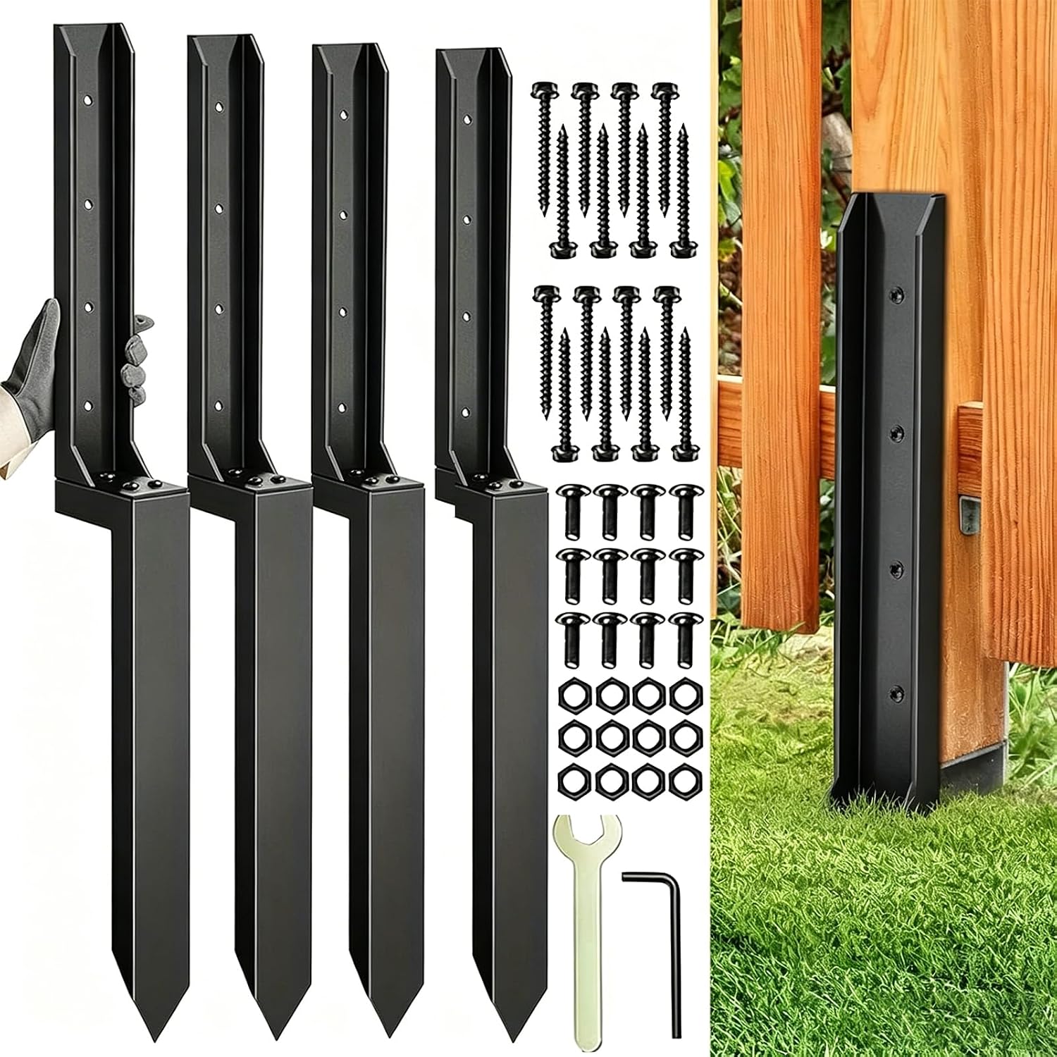 Image of 4pcs Fence Post Repair Kit, Steel Anchor Stakes 4x4/6x6 Posts | Heavy-duty One-piece Steel Construction, Includes Multiple Anchors For Fence Reinforcement Projects