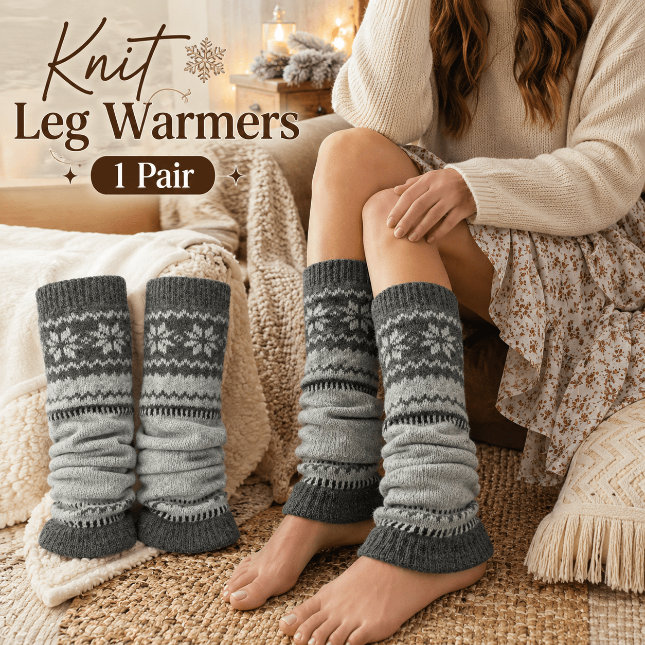TEMU 1 Pair Jacquard Leg Warmers Dark And Light Gray Color Classic Snowflake Pattern Leg Accessories For Women Great For Weekend Gathering Holiday
