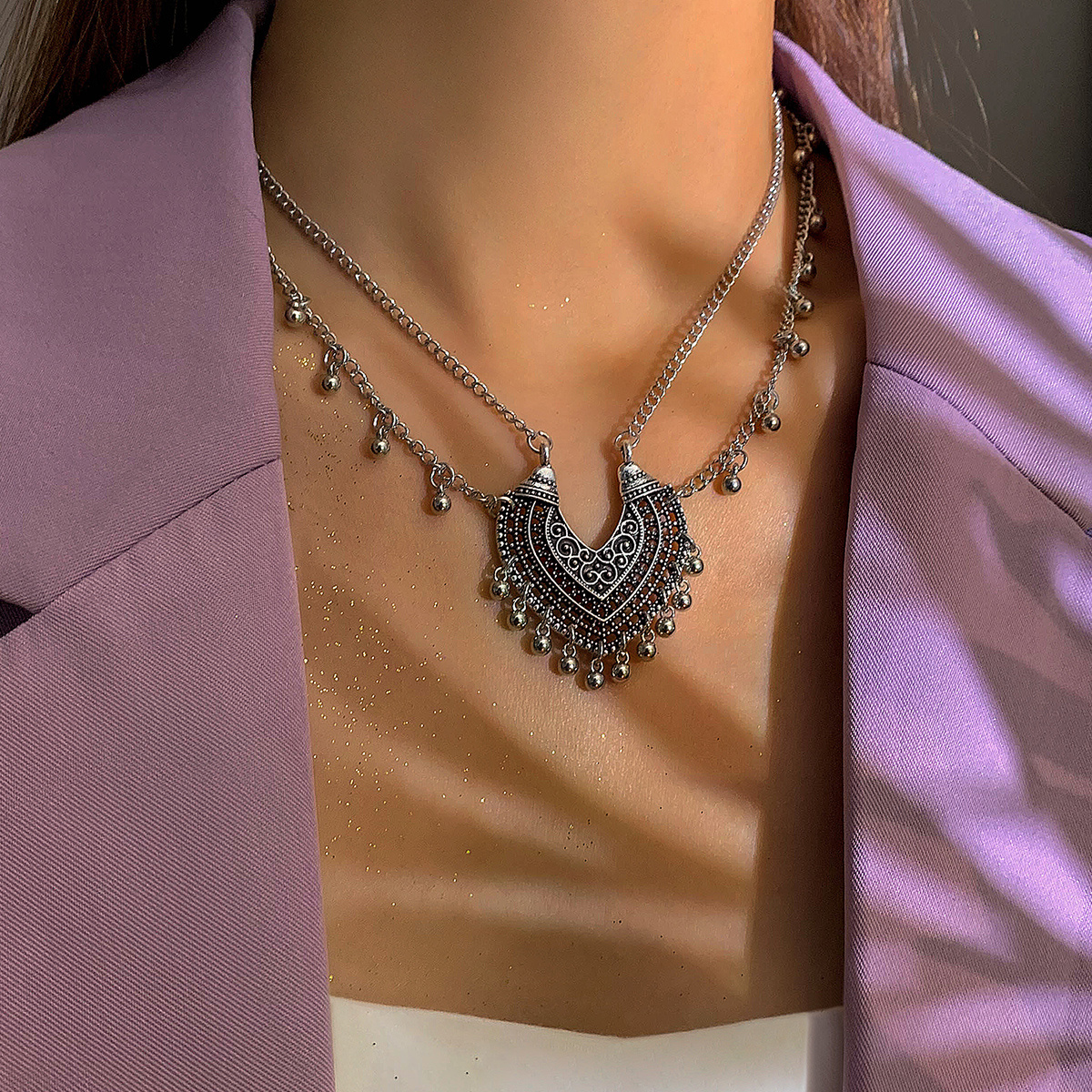 TEMU 1pc Women's Ethnic Hollow Carved Crescent Pendant Necklace - Double-layer Tassel Chain With Hollow Carved Retro Collarbone Choker, Suitable For