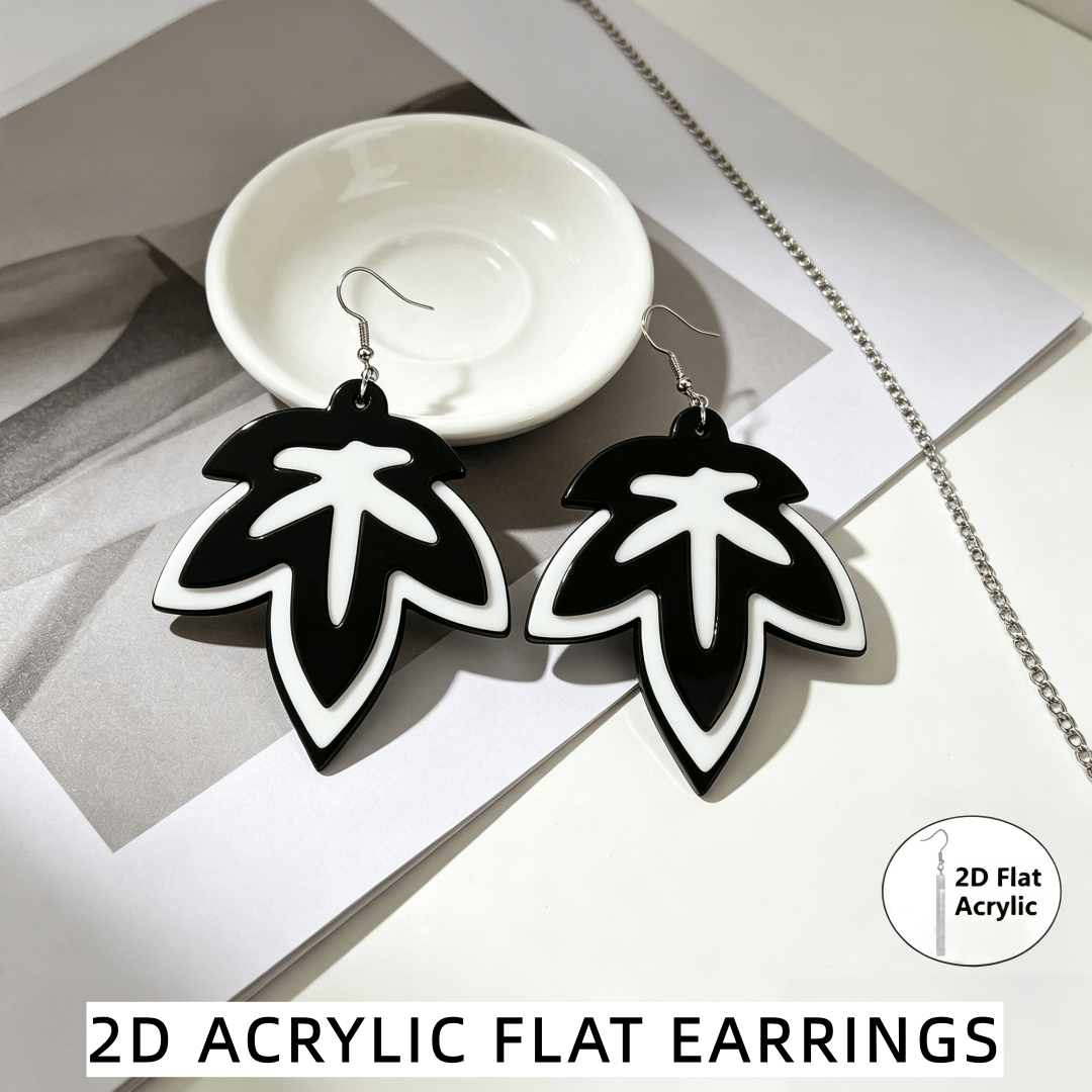 Unique 2D Flat Black and White Leaf Outline Dangle Earrings