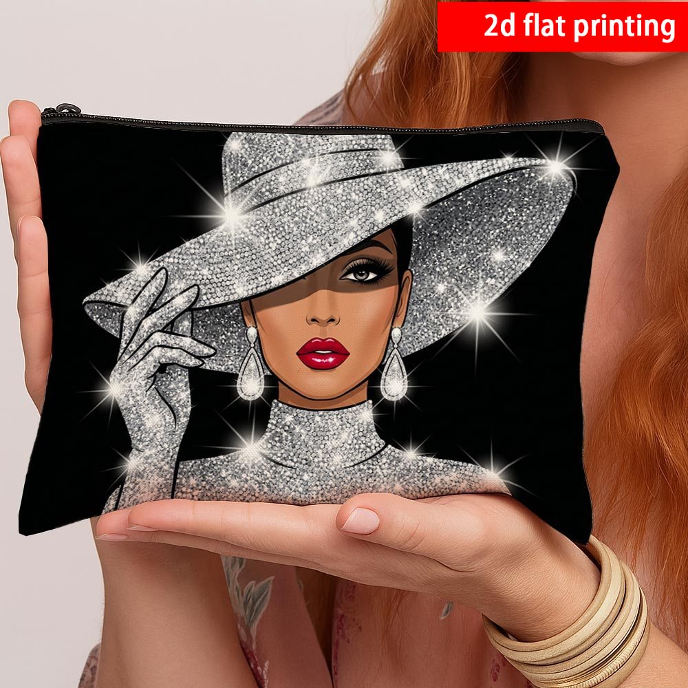 TEMU 2d Flat Printing, 1pc Luxurious Fashion Portrait Print Toiletry Bag, Double-sided Printing - Elegant Women' Fashion Pattern, Zipper