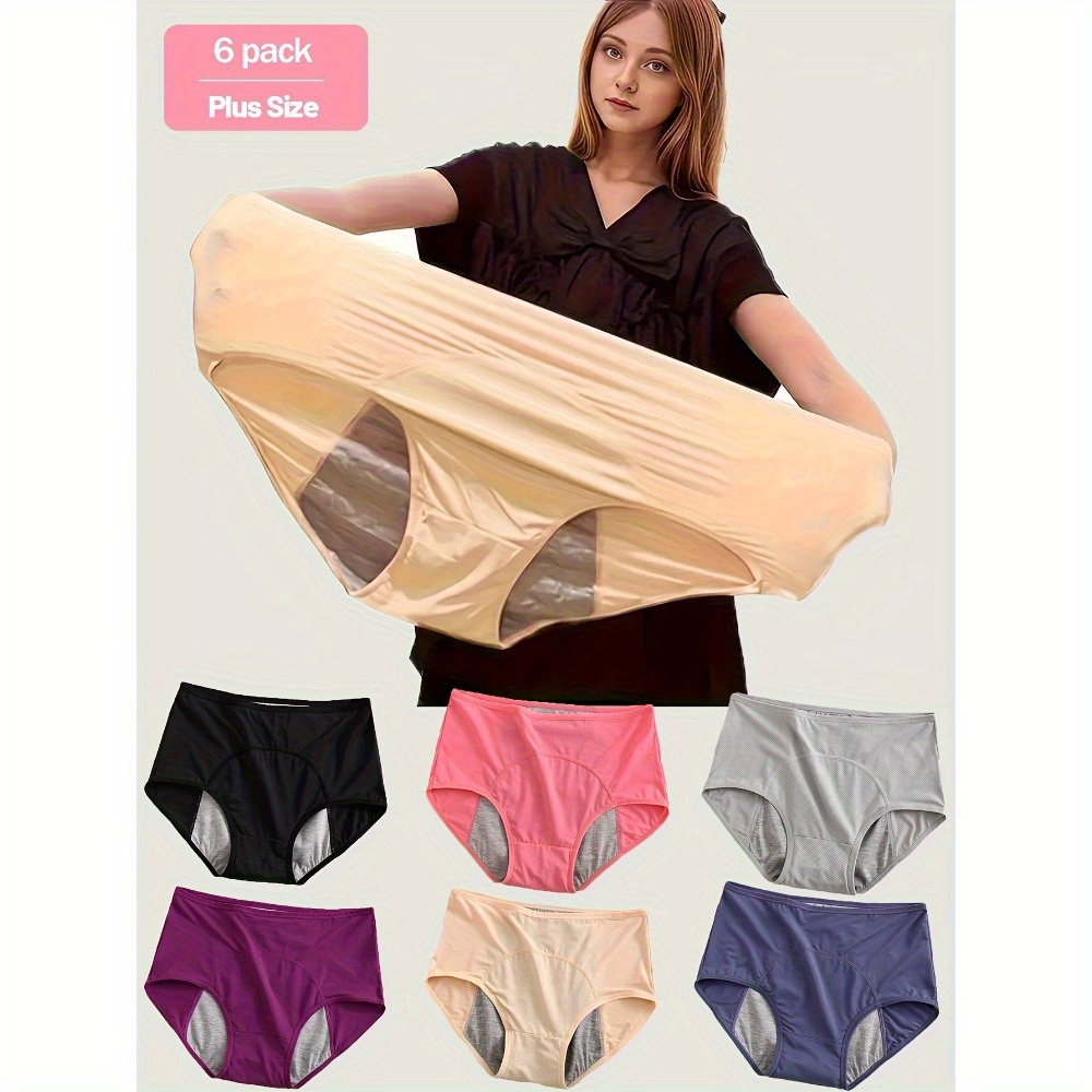 

6pcs Plus Size Women's Leakproof Period Panties - High Waist, Tummy Control, Stretchy Nylon , Solid Color