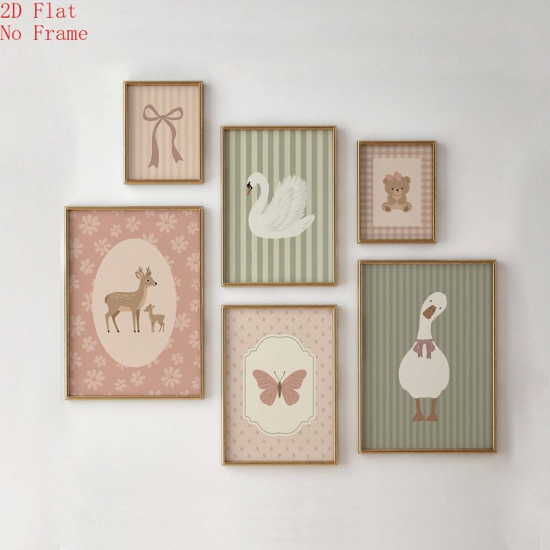 TEMU 2d Flat, 2d Flat, Posters And Prints 6pcs (canvas Posters) 2d Flat Nursery Set Of 6, Sage Green And Pink Cottagecore Farm, Halloween Christmas