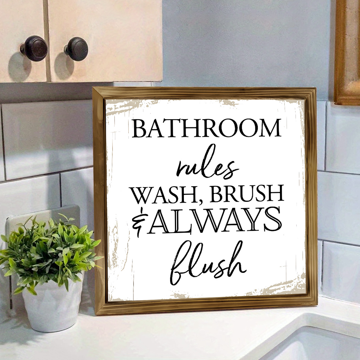 TEMU 1pc Vintage Wooden Bathroom Rules Sign - " Wash, Brush, Flush" Humorous Desk Decor For Home Office Restroom Shelf Or Table, Bathroom Decor And Accessories