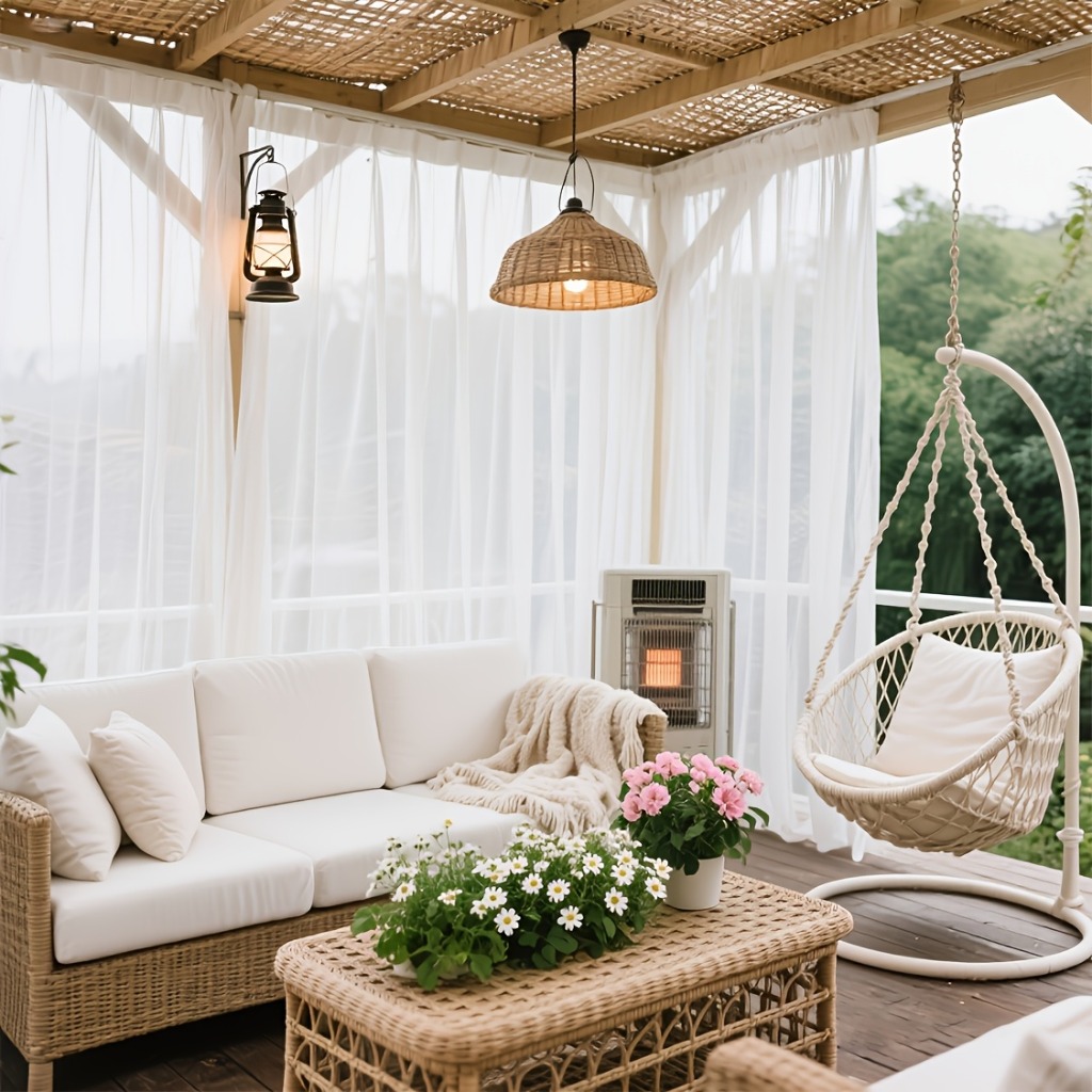 2pcs set romantic modern white sheer rod pocket curtains for outdoor   trimmable size rod   on top suitable for outdoor gazebos pergolas   windows sills   gardens outdoor resting  