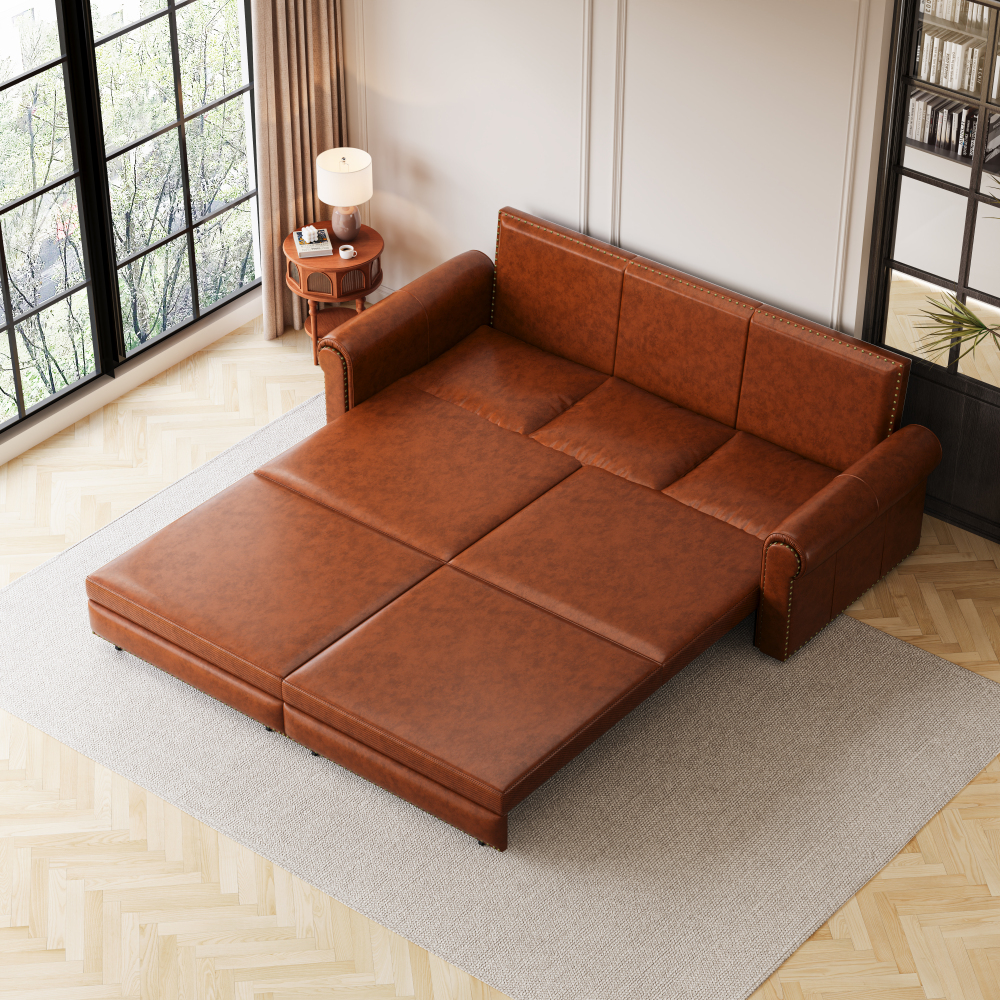 93.7' Bohemian Chesterfield Sofa Bed: 3-in-1 Convertible Sleeper with Faux Leather Upholstery, Nailhead Trim & Rolled Arms, Light Brown Pull-Out Couch Suitable for Small Spaces, Apartments, Dorms, Guest Rooms - Assembly Required