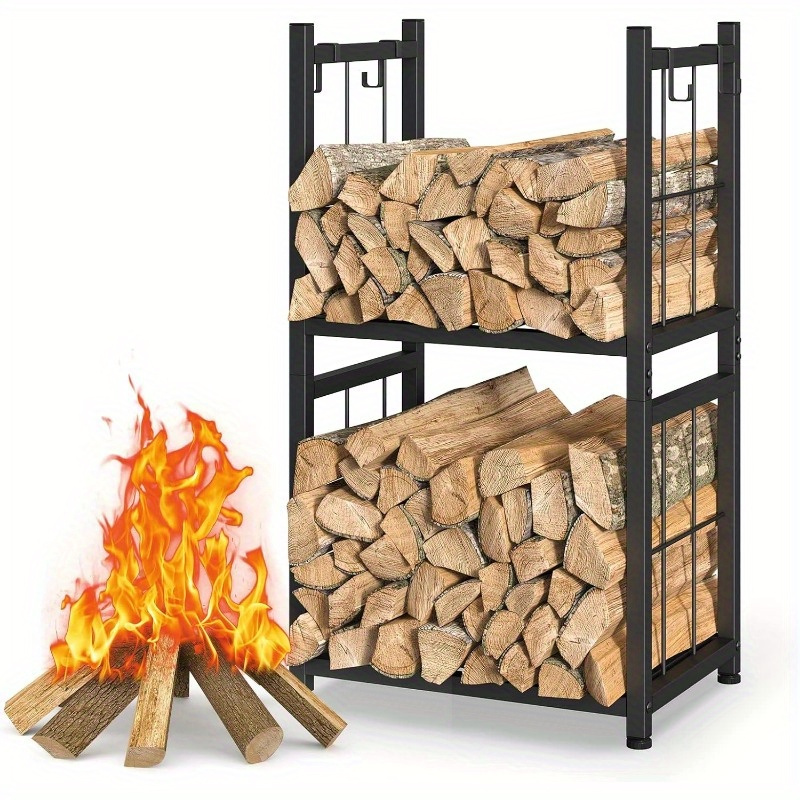 

Firewood Rack Indoor, Portable 2 Tier Firewood Rack, Sturdy And Easy To Construction, Outdoor Firewood Rack With 4 Hooks For Storing Wood Logs For Fireplaces, Fire Pits And - Black