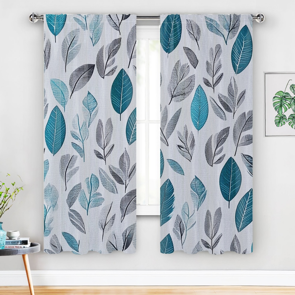 TEMU 2d Flat, A Set Of 2 Insulated Curtains, Featuring A Light Green Leaf Design On A White Background, Made Of Semi-transparent Polyester Material.