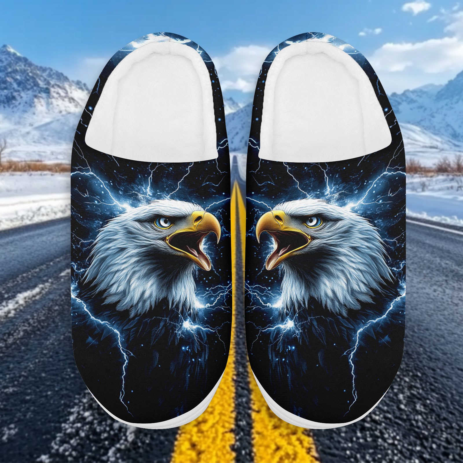 Men's Plus Size Black & Blue Bald Eagle Lightning Bolt Print House Slippers - Slip-On Indoor/Outdoor Casual Shoes with Non-Slip Rubber Sole, Warm Winter Footwear for Eagle Design (Comfortable for)