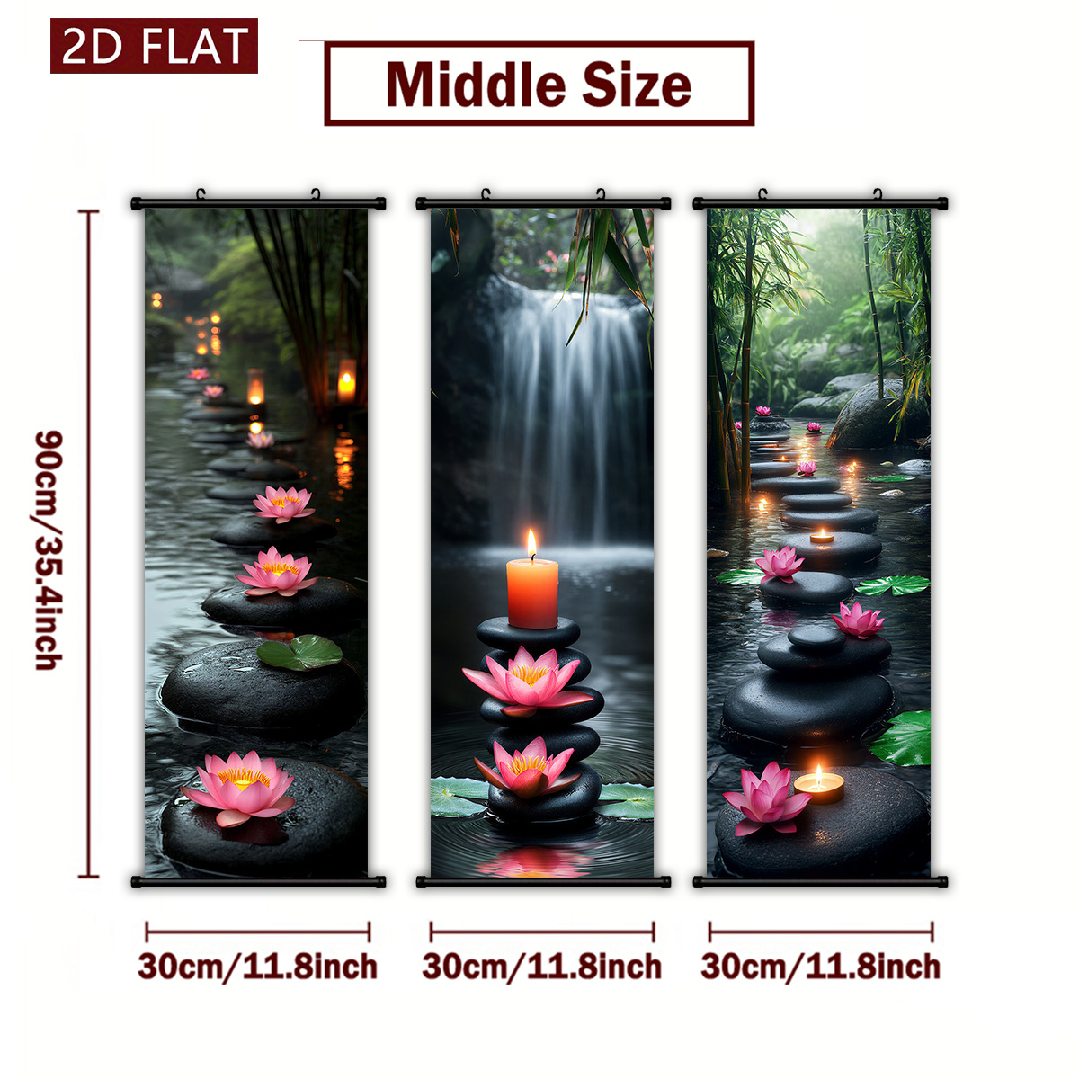 E-shop 2D-Flach, 2D/FLACH-3 Stk. Zen-Wasserstein für Lotus-Schriftrollen-Hängegemälde, ein Zen-Bild, das Wasserstein, Lotus Kerze kombiniert,