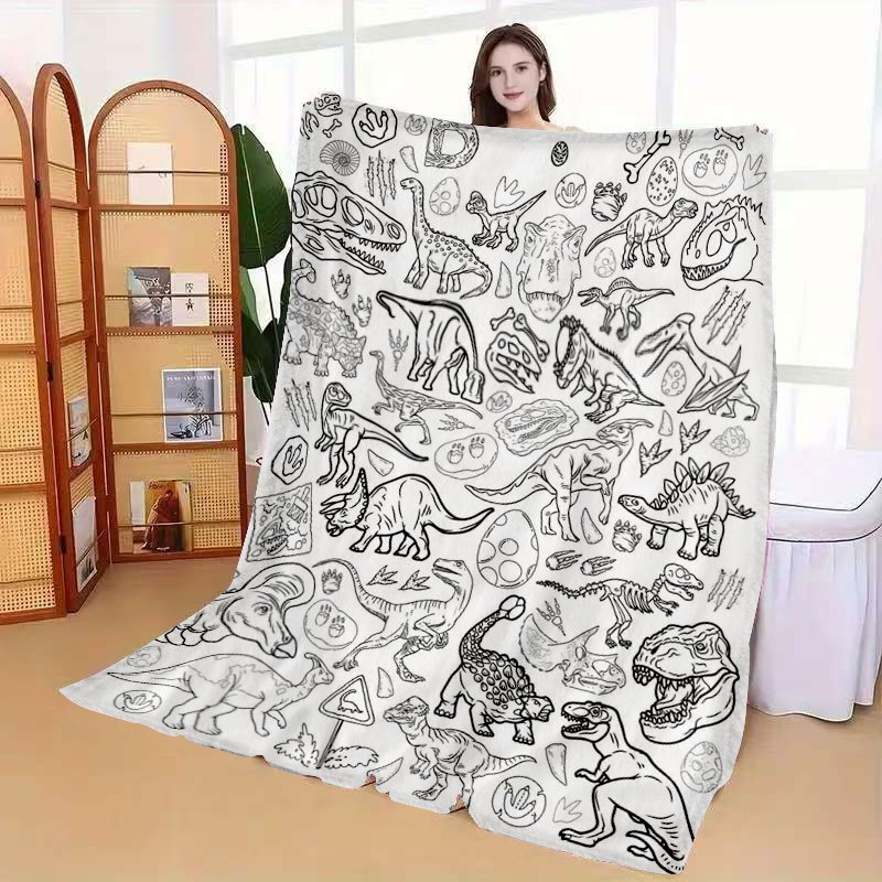 TEMU 1pc 2d Flat Print Dinosaur Themed Diy Coloring Flannel Blanket. Black White Line Prehistoric Pattern Soft For Sofa Office, Birthday Holiday