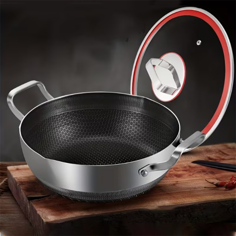 item picture wok with lid non stick and dual handles 30cm stainless steel wok for asian cooking stir frying pan with flat   ideal for 3 5 people for induction gas ceramic electric hob