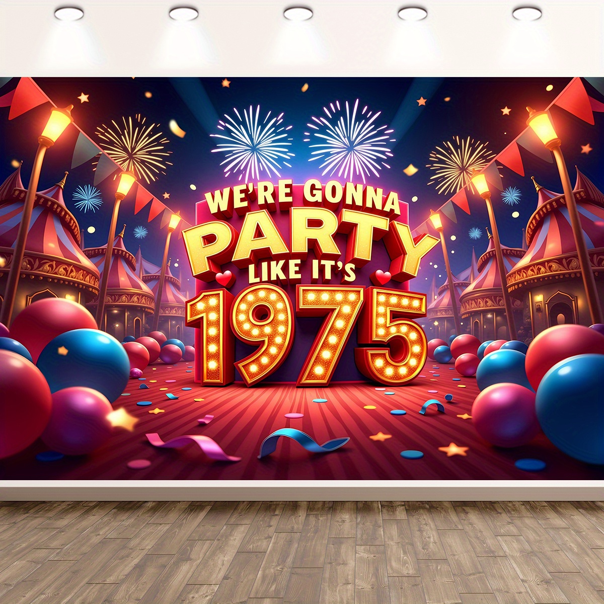 

Drihanco Vibrant 1975 Happy 50th Birthday Party Banner - Carnival Fireworks & Balloons Design, Vinyl Fabric Backdrop For Photo Booth & Indoor/outdoor Celebrations, Birthday Party Decorations