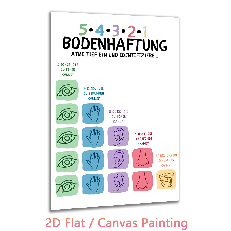 E-shop 1 Stück Vintage Deutsche Erdungstechniken Angstmanagement & ADHD Bewältigungsfähigkeiten Leinwandposter - 5-4-3-2-1 Sensorisches Awareness