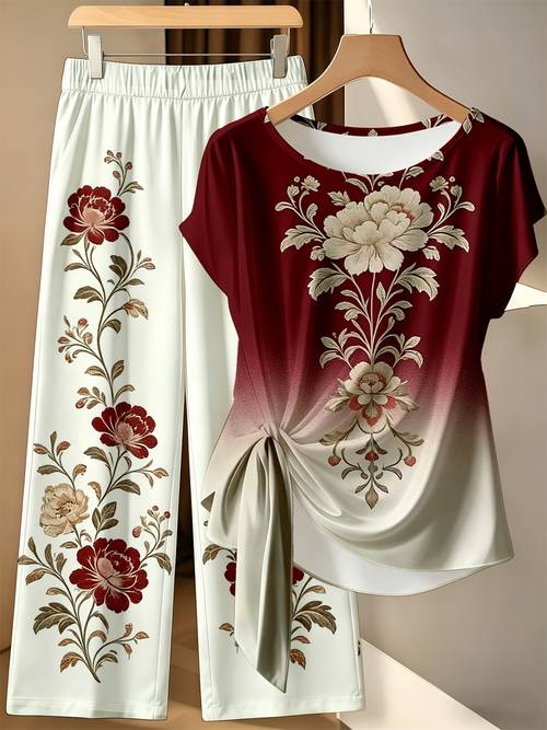 womens plus size tie waist bow short sleeve wide leg pants set fit design suitable for daily commuting and casual wear