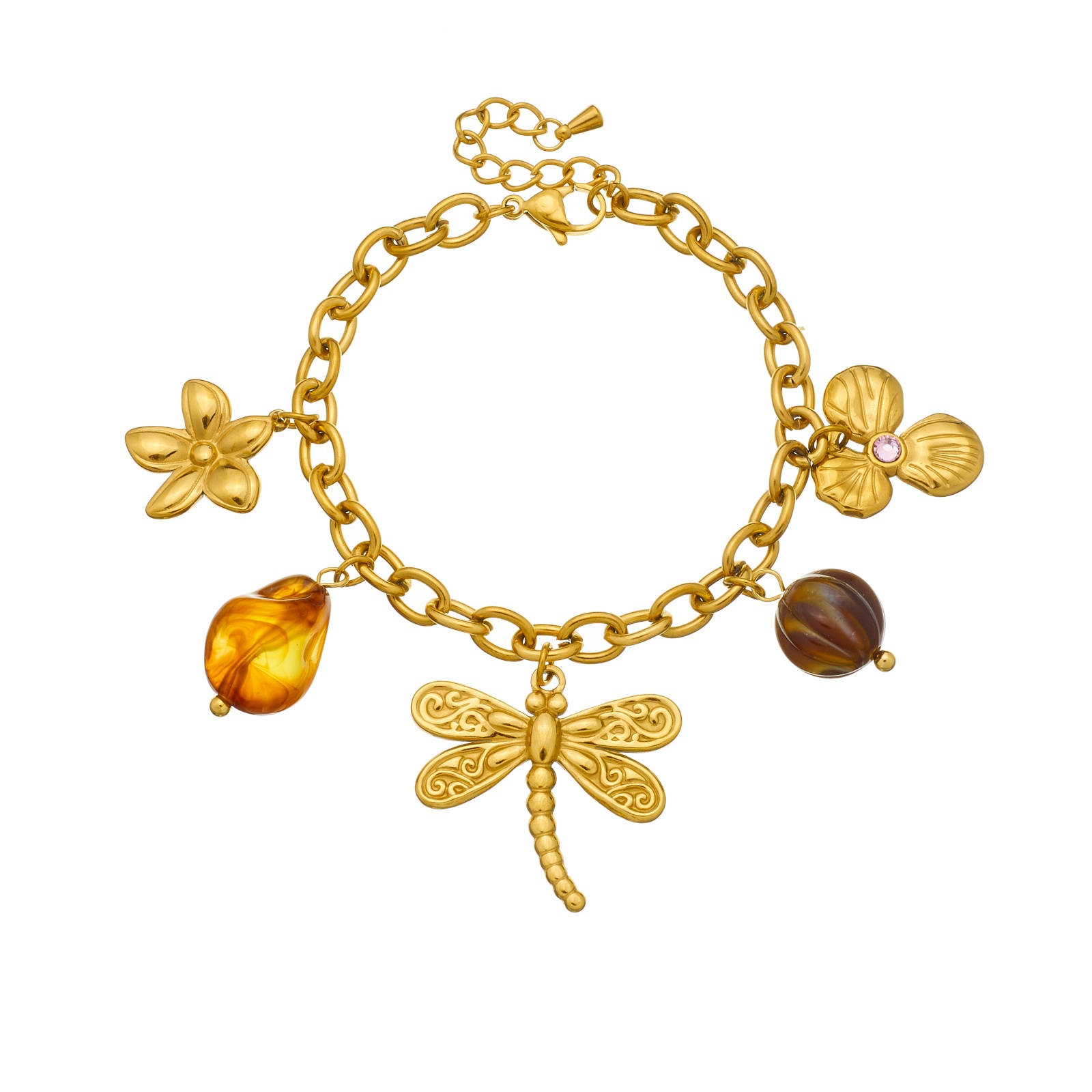 Women's Dragonfly & Flower Pendant Golden Bracelet, Elegant Gift