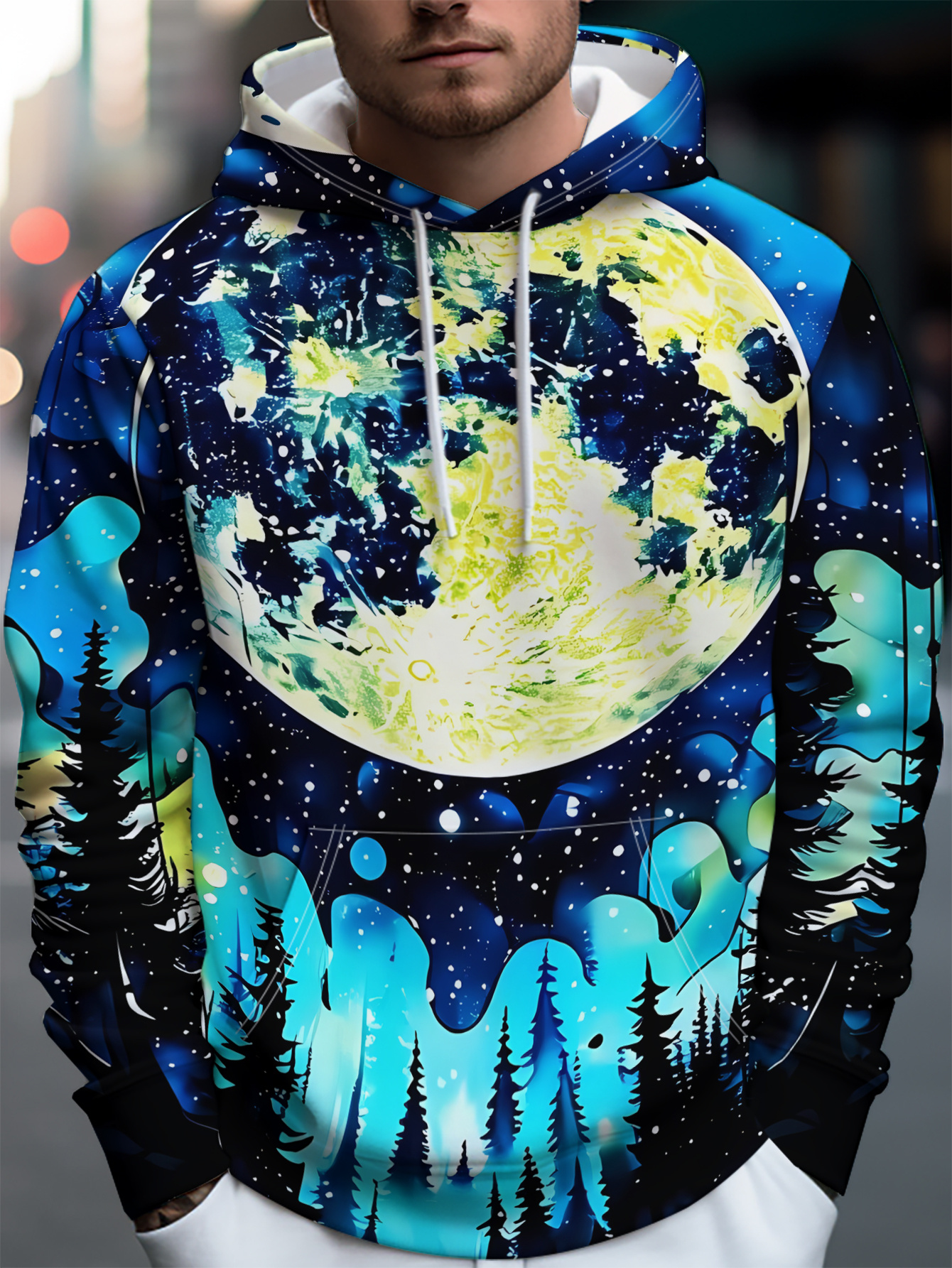 Artikelbild herren-sweatshirt mit zufälligem aufdruck     vollmonds, der einen wald am   erhellt [gedrucktes design – nicht texturiert]