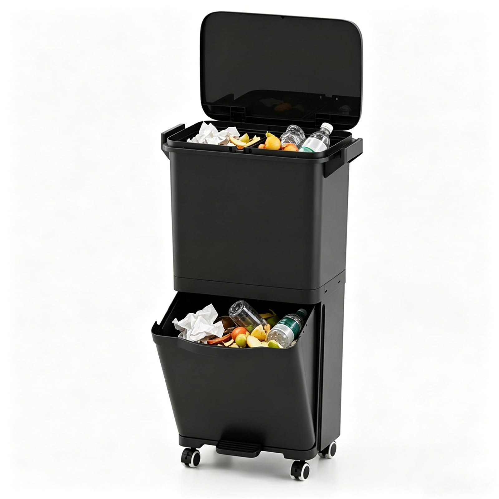 36l Wastebasket, With 2 Removable Bins, Compartment, Waste Bin On Universal Wheels, Trash Bin For Bathroom Kitchen, Black