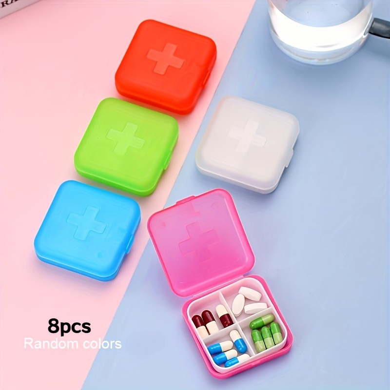 TEMU Juego de 8 mini pastilleros cuadrados de 4 compartimentos - Contenedores portátiles de plástico de calidad para guardar joyas y medicamentos con