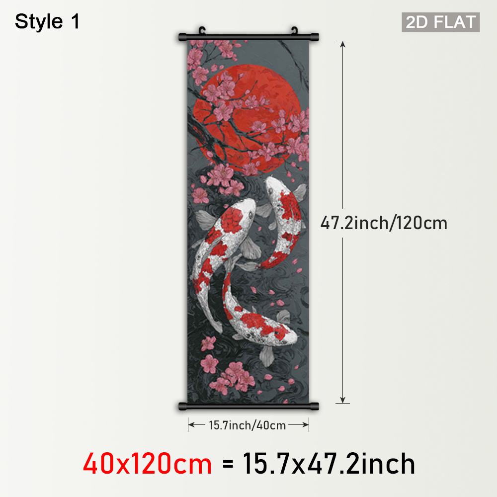TEMU 2d Flat, 1pc Japanese Koi Fish & Cherry Blossoms Framed Scroll Wall Art - Plastic Frame Vertical Hanging Painting With Red , Asian-inspired Ink