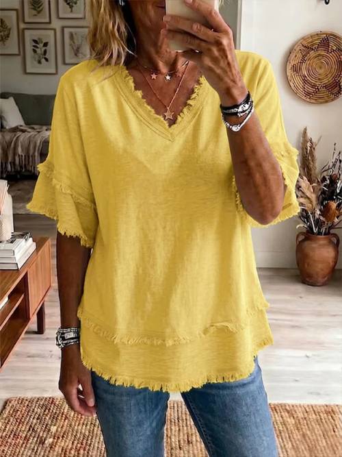 item picture womens fringe edge v neck t shirt double layer flare 3 4 sleeve loose casual top
