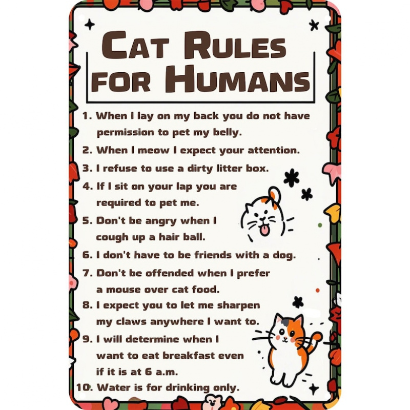 TEMU Funny Cat Rules Metal Sign - Rustic Pet Humor Wall Decor With Cat-themed Rules, Metal Wall-mounted Decoration Suitable For, Office, Or Pet Store
