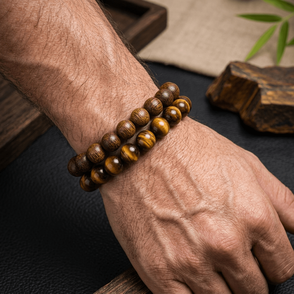 Image of 2pcs Natural Tiger Eye And Sandalwood Beaded Men's Bracelet Set, Natural And Wooden Bead Bracelets, Yoga Meditation Stress Relief Additions, Gift For Father Boyfriend