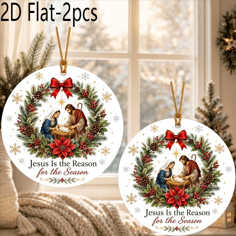 TEMU 2d Flat, 2pcs Acrylic Hanging Ornaments, Christmas Nativity Religious Decor, Holy Family Wreath Pine Cone Snowflake Pattern, Xmas Tree Branch