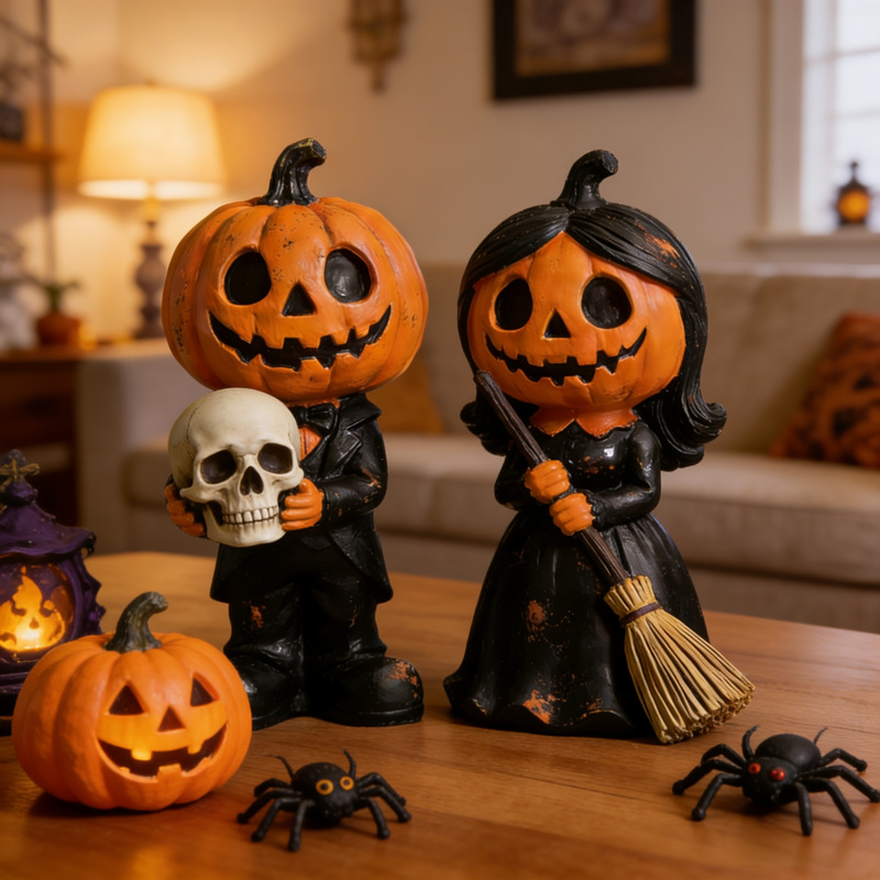 set of 2 popular new halloween pumpkin pair resin figurine gothic broom style statue for indoor decor