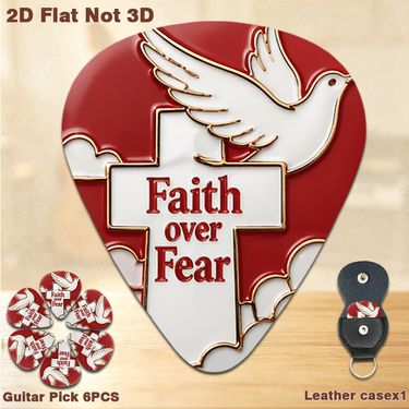 6 púas de guitarra planas 2D con el lema "Faith Over Fear" que inspiran a los músicos a tocar con audacia y a compartir su pasión por la música y la fe en cada presentación