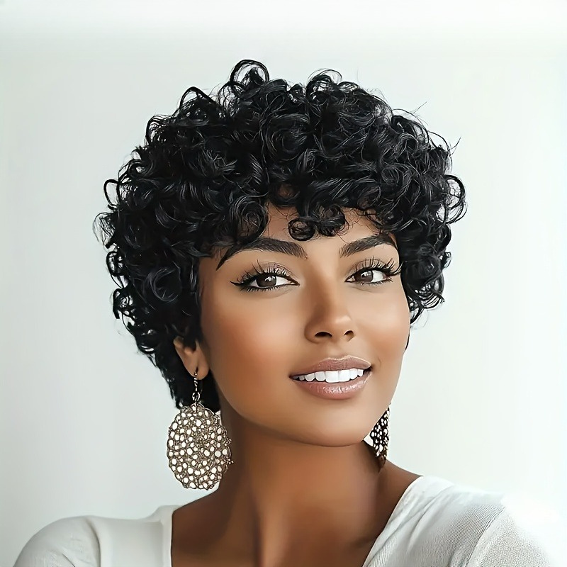 TEMU Short Hair Wig, 6-inch Curly Hair, Lace-free Front, With Bangs, 180% Density, Machine-made Short Curly Wig, Suitable For Women, , Wigs For