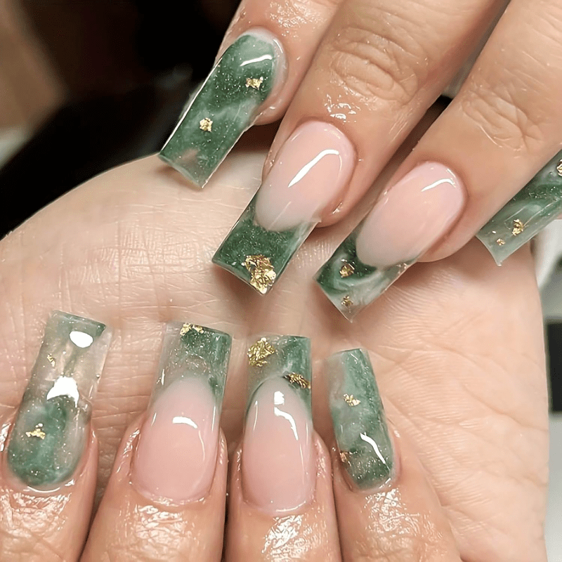 48pcs Cool Emerald Fake Nails | Detachable With Sheer Pink Base & Translucent Emerald Green Smudge & Decor, Suitable For Women's Elegant Daily Patterns, Nail Art | Cool Emerald Design