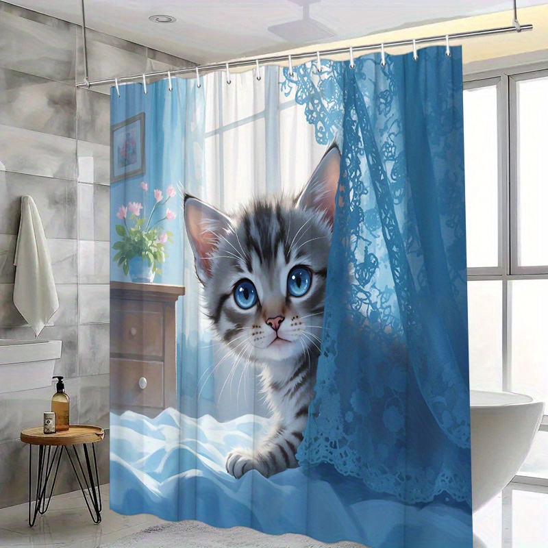 TEMU 1pc Tabby Kitten Peeking Through Blue Curtain Bath Curtain Funny Animal Decoration For Bathtub 70.8x70.8inches With 12 Hooks