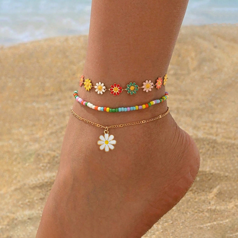 TEMU Parure de 3 pièces de chevillères polyvalentes d'été avec pendentif petite marguerite et perles colorées, chevillère chaîne à fleurs colorées