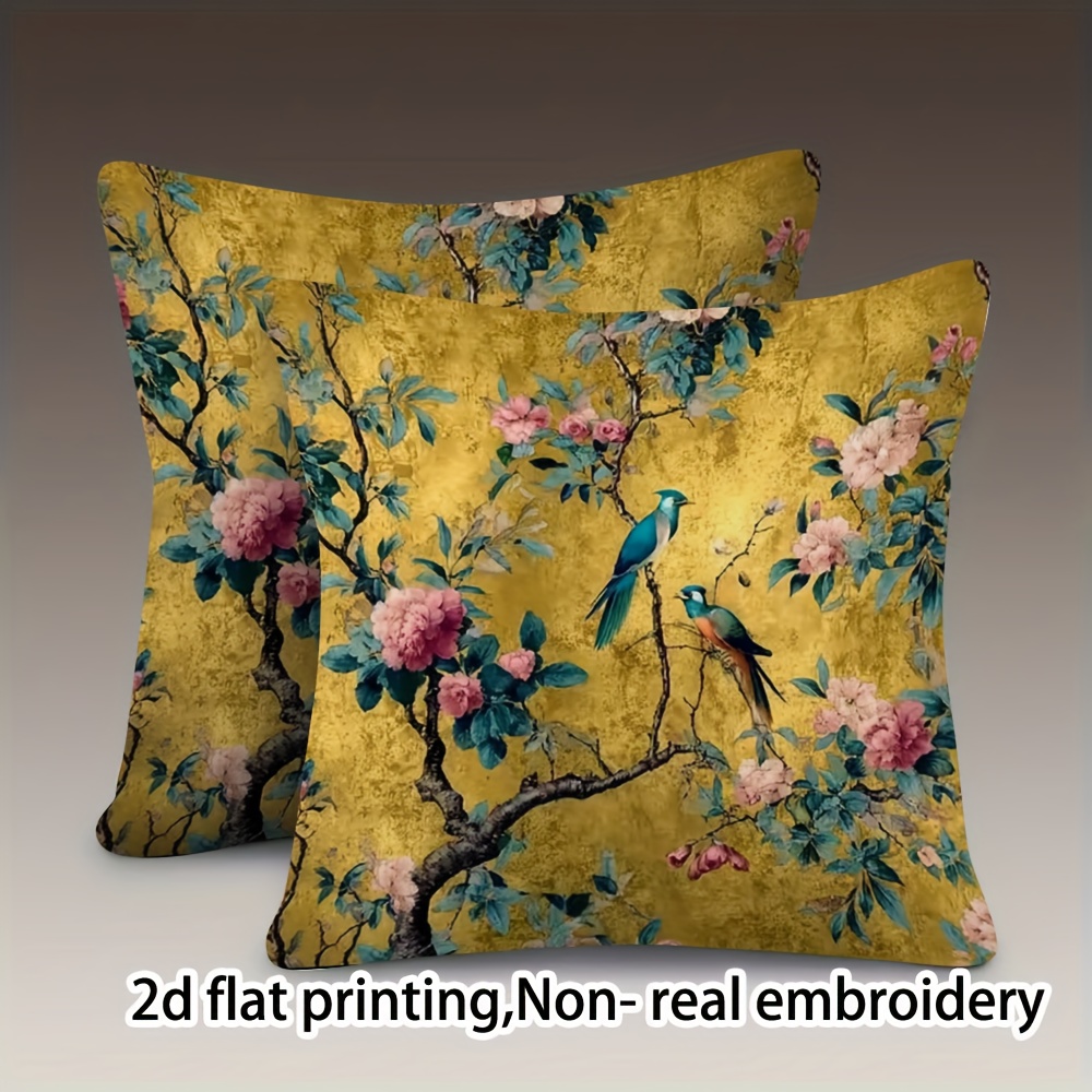 TEMU 2 Chinese-style Pillowcases, With Zipper Closure And Jacquard , Featuring Vibrant Bird And Floral Patterns, Suitable For Office Decoration,