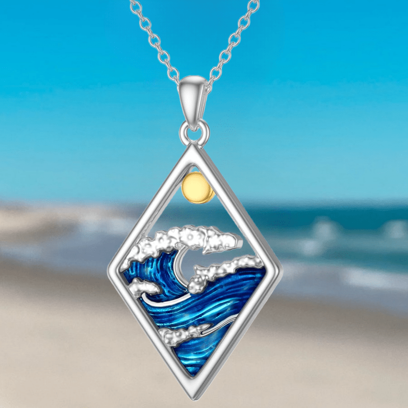 TEMU Exquisite Blue Enamel Waves Sunrise Necklace For Women Casual Vacation Fashion Creative Rhombus Necklace Jewelry Gift