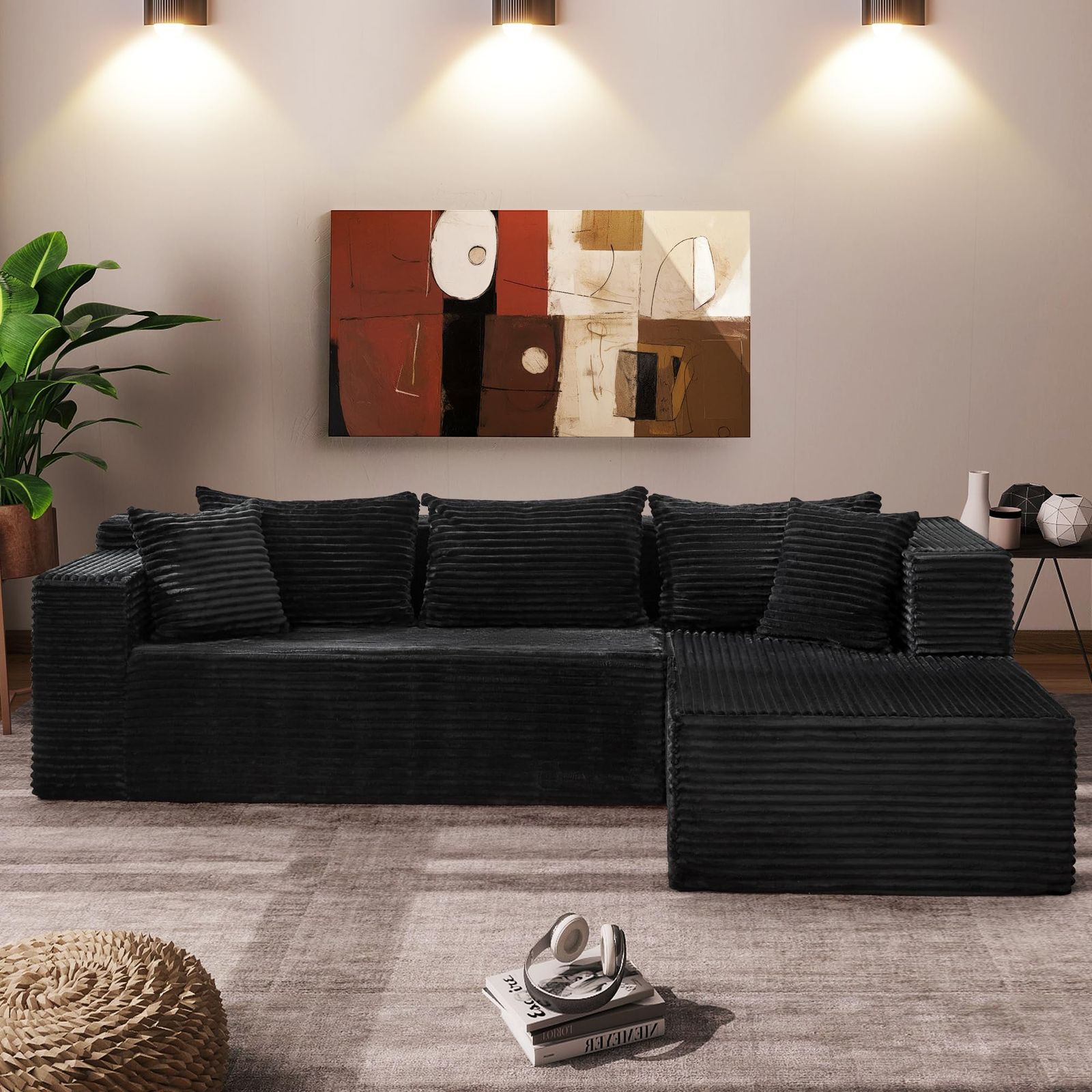 Image of Oversized Modular L-shaped Right Sectional Sofa, 106" Deep Seat Couch, Soft Corduroy, 5 Pillows, Comfy No-assembly, Modern Minimalist, Easy Clean & Pet-friendly For Living Room