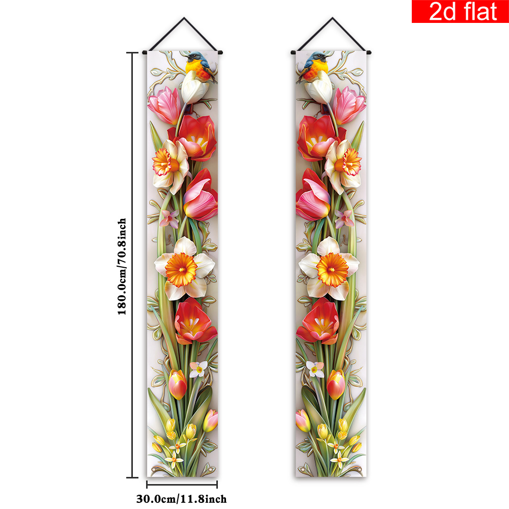 TEMU Bannière 2D Plate, 1 Paire Printemps Floral & Oiseaux - Feuillage Vert Vibrant avec Fleurs, Décoration de Porte , Panneau Adapté pour Fêtes de