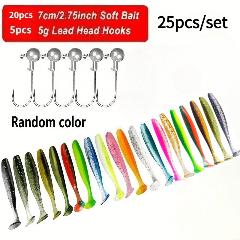 Image of 25pcs Soft Lure Fishing Kit, Including 20 Soft Lures (soft Lure Colors Are Random), T-tail Grub & 5 Jig Heads - 5g Metal Hooks, Water Lure Equipment Kit