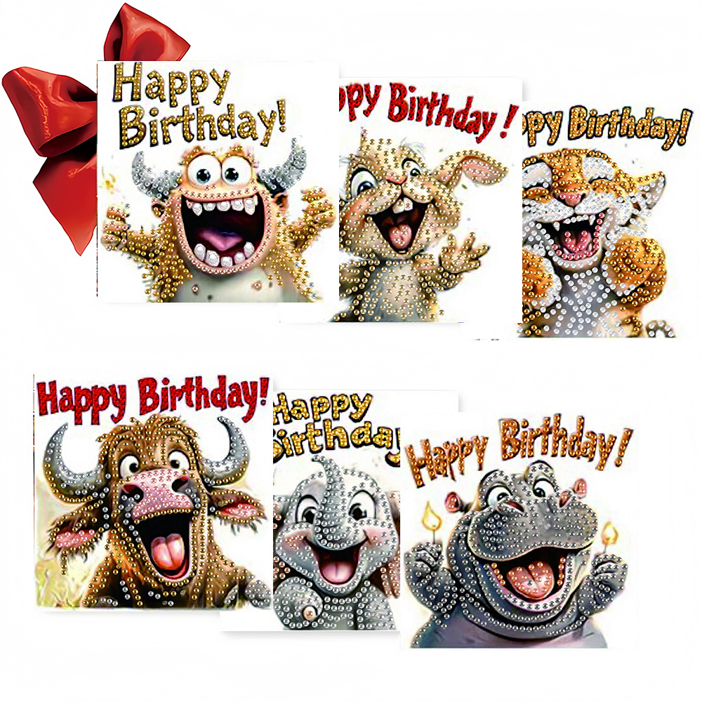 TEMU 6pcs Unique And Creative Cartoon Cute Animal Happy Birthday Theme Birthday Cards, Design. Round Rhinestone Painting Card Handmade Set Including