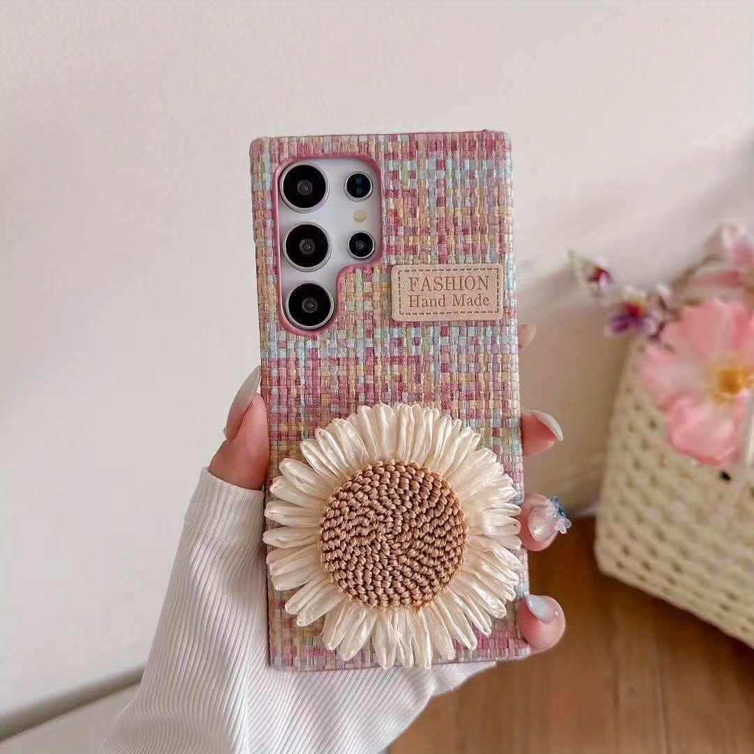 TEMU Phone Case: Fashionable British-style Woven Pattern Phone Case With A Woven Sunflower Design, Makeup Mirror, And Flower-shaped Stand. Compatible