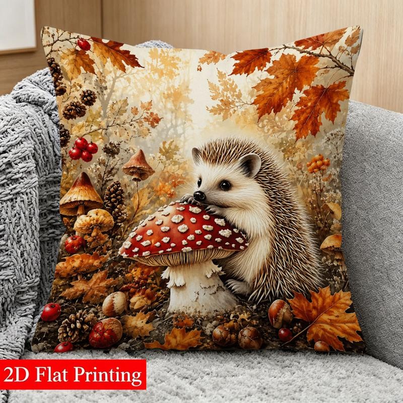 TEMU 1pc Double-sided Printed Pillowcase, 45×45cm, 2d Flat-printed Style, Cute Hedgehog & Mushroom Autumn Elements Pattern, Suitable For Living Room,