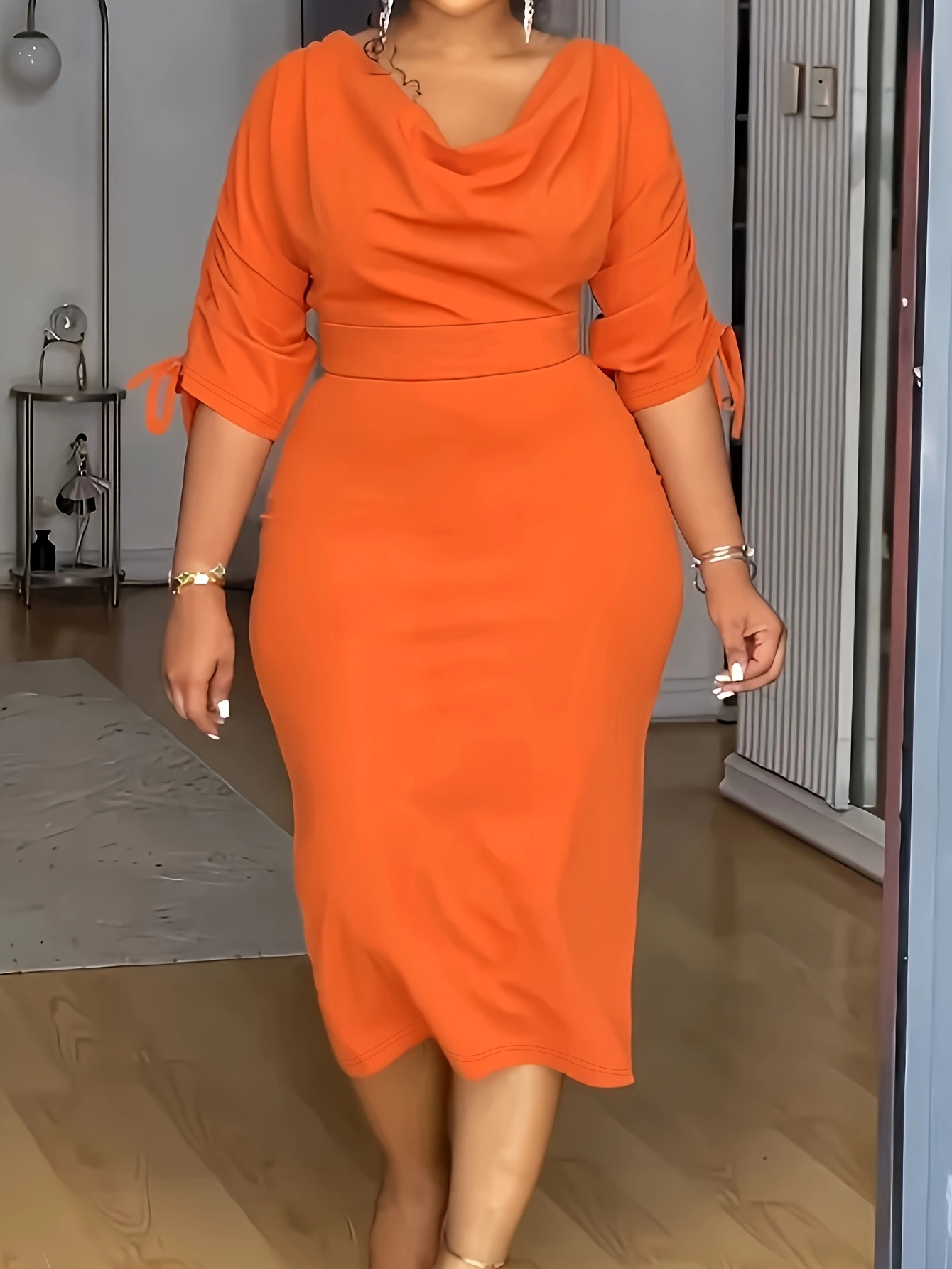 womens vibrant orange bodycon wrap dress stacked neckline - Temu