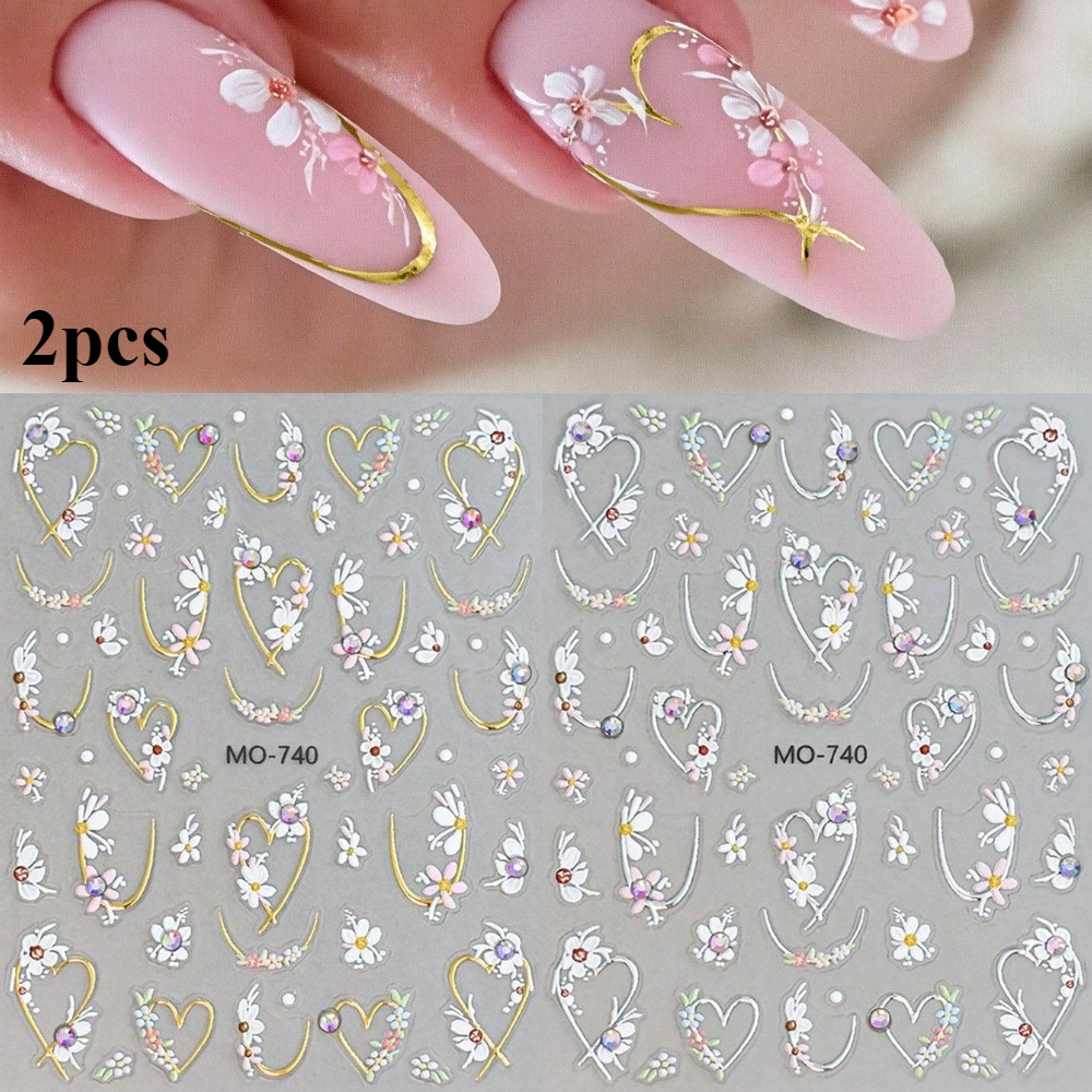 Image of 2pcs Embossed Floral, Golden And Silver Heart Nail Stickers, White And Pink Petal Gemstone Nail Decals, Elegant Lines, Self-adhesive Decorative Nail Accessories, Diy Nail Supplies.