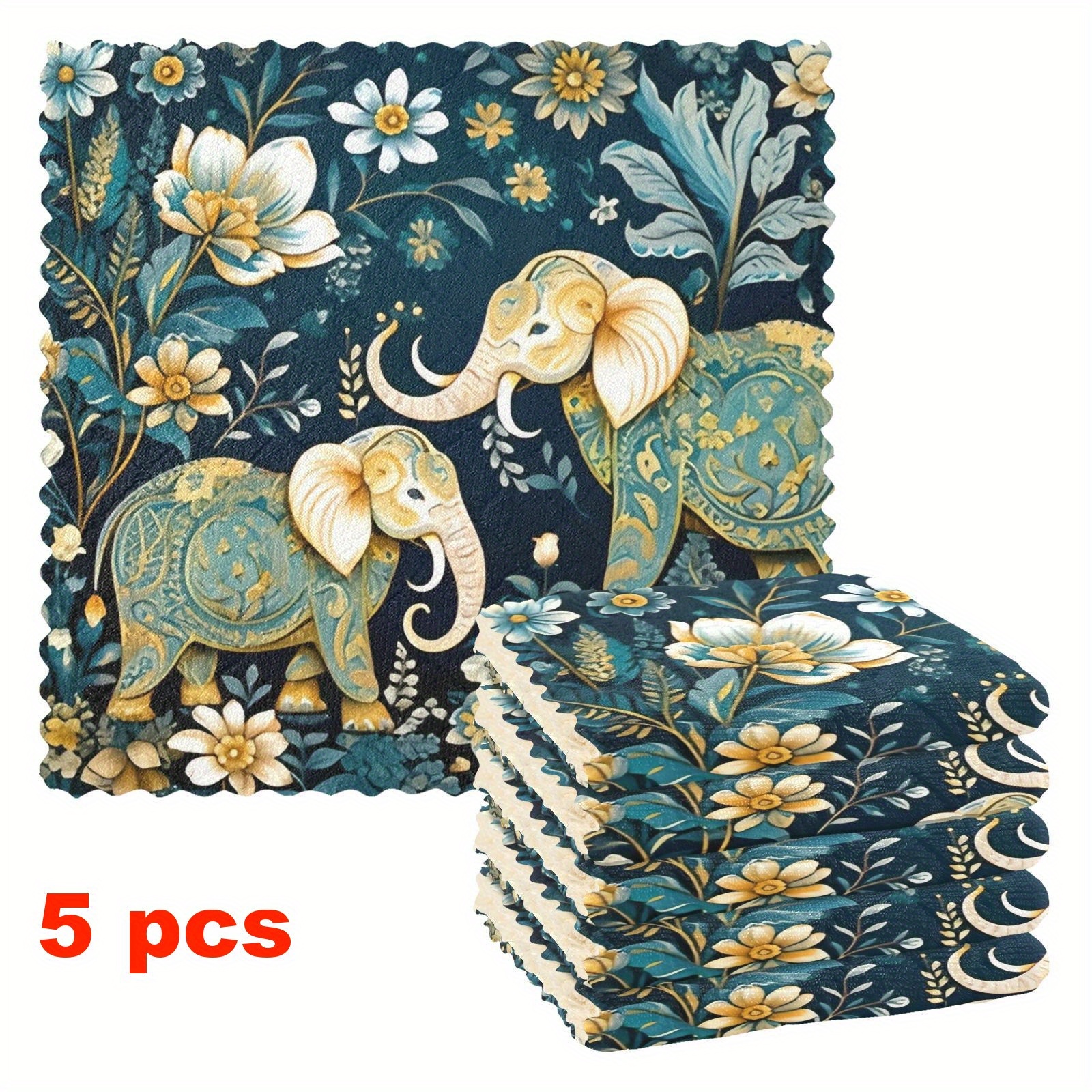 TEMU 2/5/8er-Pack Küchentücher mit Elefanten-Tierblumen-Cartoon-Muster, Wiederverwendbare Reinigungstuch aus Mikrofaser, Hochabsorbierendes
